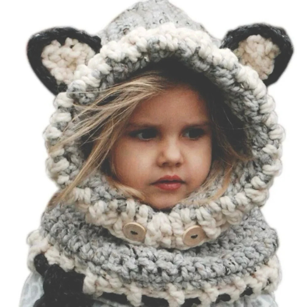 Chunky Knit Hats Fox Design Shawl Hooded  Cowl Beanie Neck Wrap & Scarf Hat Cap